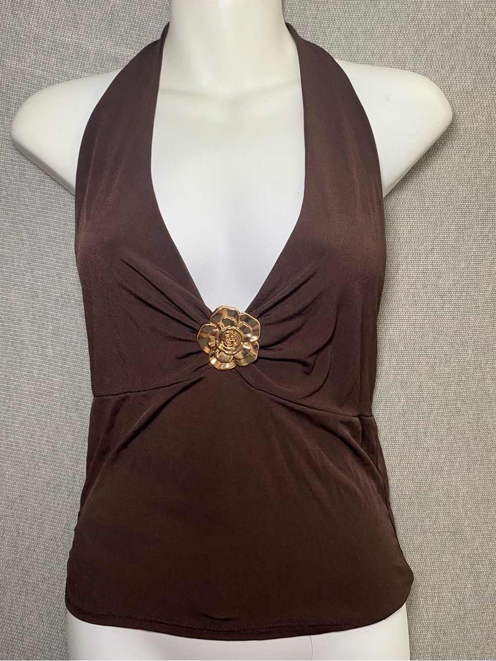 Just Polly New York Juniors XL Halter Top Gold Flower Y2K Chocolate Brown
